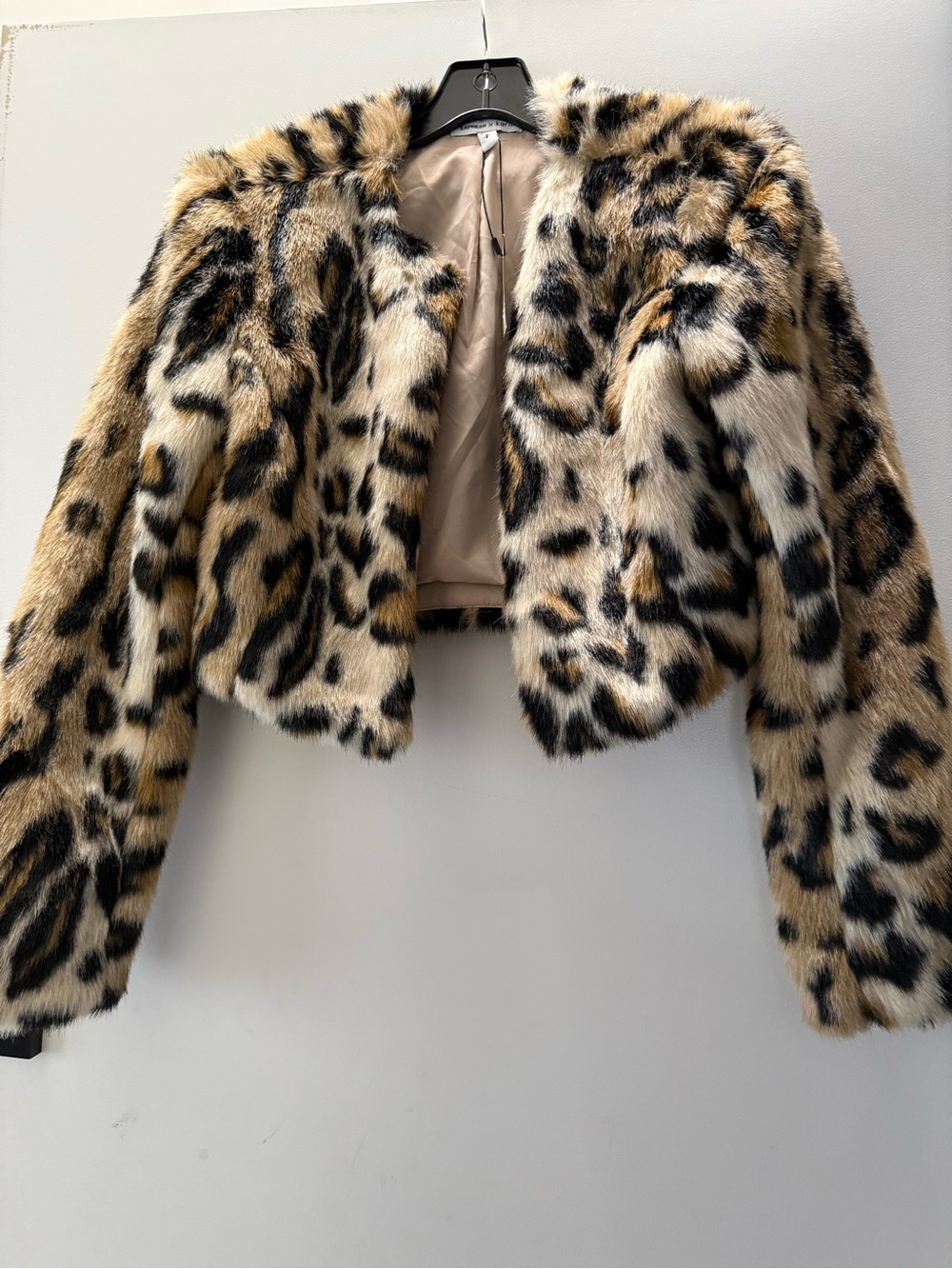 Express x Karla Welsh Leopard Print Faux Fur Cropped Jacket - Black, Brown Cream